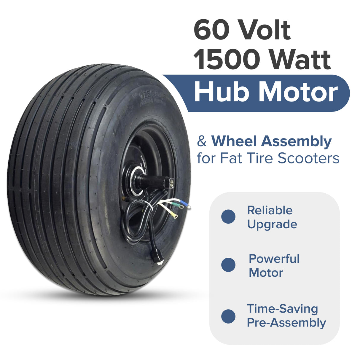 60 Volt 1500 Watt Hub Motor & 18x9.50-8 Wheel Assembly for Fat Tire Scooters, featuring a black tire with attached wires, hub motor, axle, and pre-assembled wiring cables.