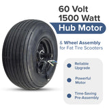 60 Volt 1500 Watt Hub Motor & 18x9.50-8 Wheel Assembly for Fat Tire Scooters, featuring a black tire with attached wires, hub motor, axle, and pre-assembled wiring cables.