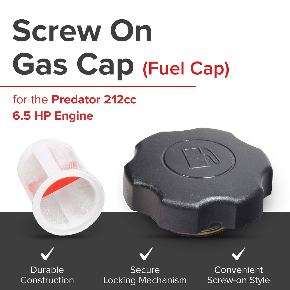 Screw On Gas Cap (Fuel Cap) for the Predator 212cc 6.5 HP Engine, featuring a chrome outer shell and steel locking mechanism, compatible with various small engines like dirt bikes and portable generators.