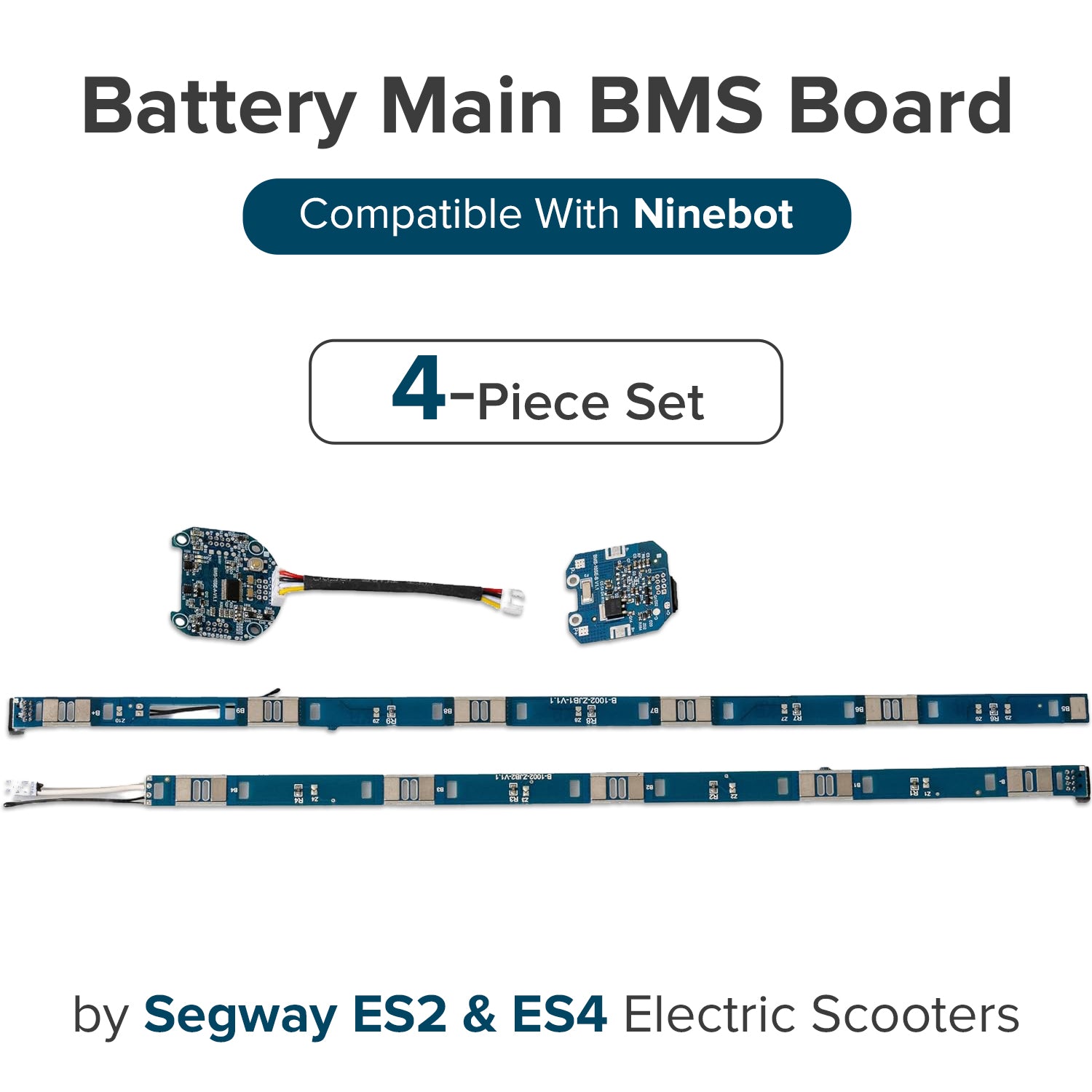 Battery Main BMS Board for Ninebot by Segway ES2 & ES4 Electric Scooters, highlighting a close-up of the blue circuit board and electronic components essential for battery regulation and monitoring.