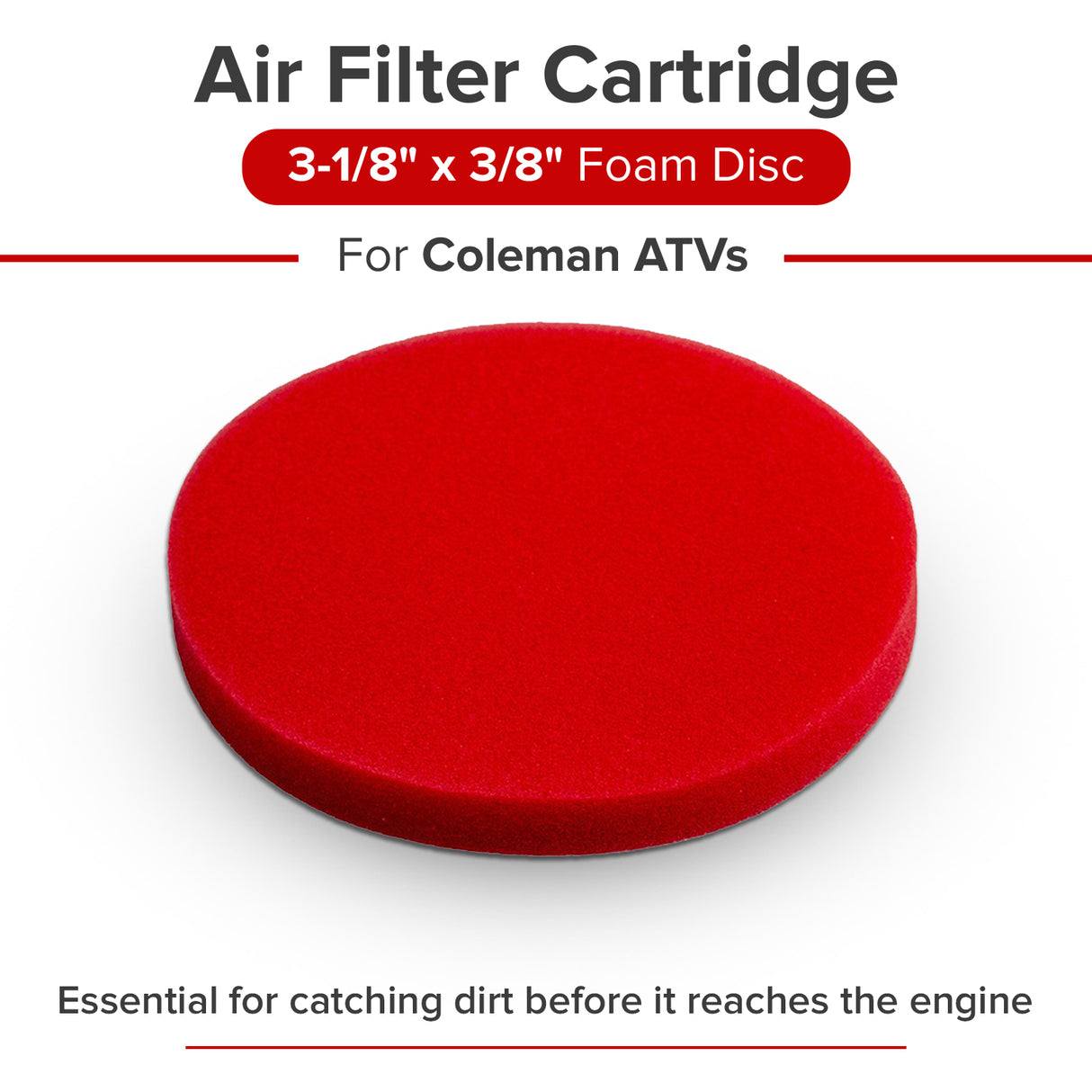 Air Filter Cartridge for Coleman AT125-EX & AT125-UT ATVs, featuring a 3-1/8 diameter, 3/8 thick foam disc designed to filter dust and debris, shown in close-up.