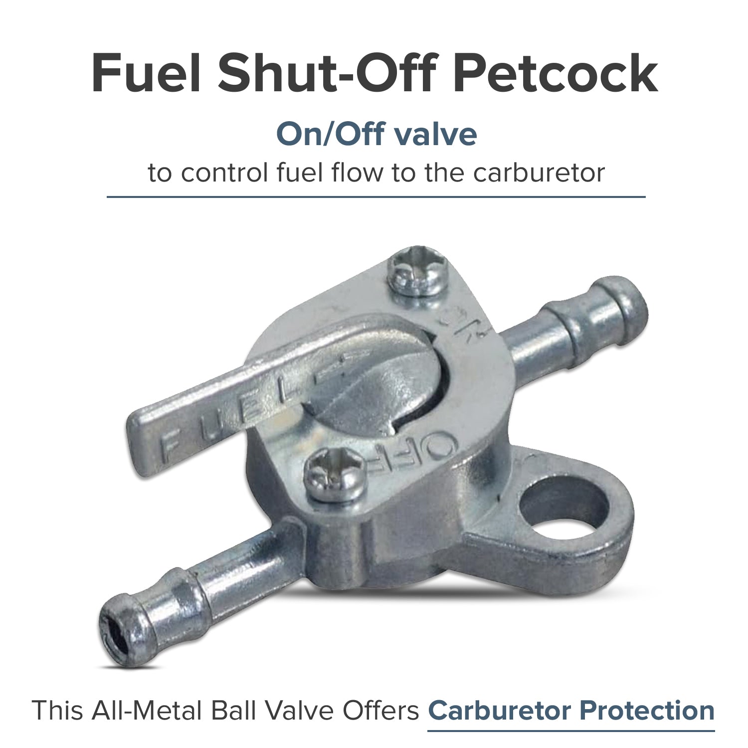 Close-up of a Fuel Shut-Off Petcock for Coleman AT125-EX, AT125-UT, AT200-B, & TaoTao Raptor 200 ATVs, showing a sturdy metal valve and a fastener, designed for 3/16 fuel hoses.