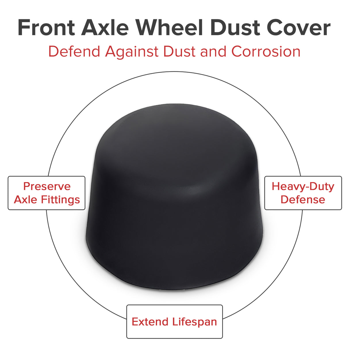 Front Axle Wheel Dust Cover for Coleman KT196, CK100, & SK100 Go-Karts, featuring a black heavy-duty rubber cover with white text, designed to protect the front wheel axle from dirt and corrosion.