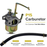 P15 Carburetor for Coleman CK100 & SK100 Go-Karts, featuring a manual choke, attached hose, and optional high performance air filter with velocity stack for enhanced engine performance.