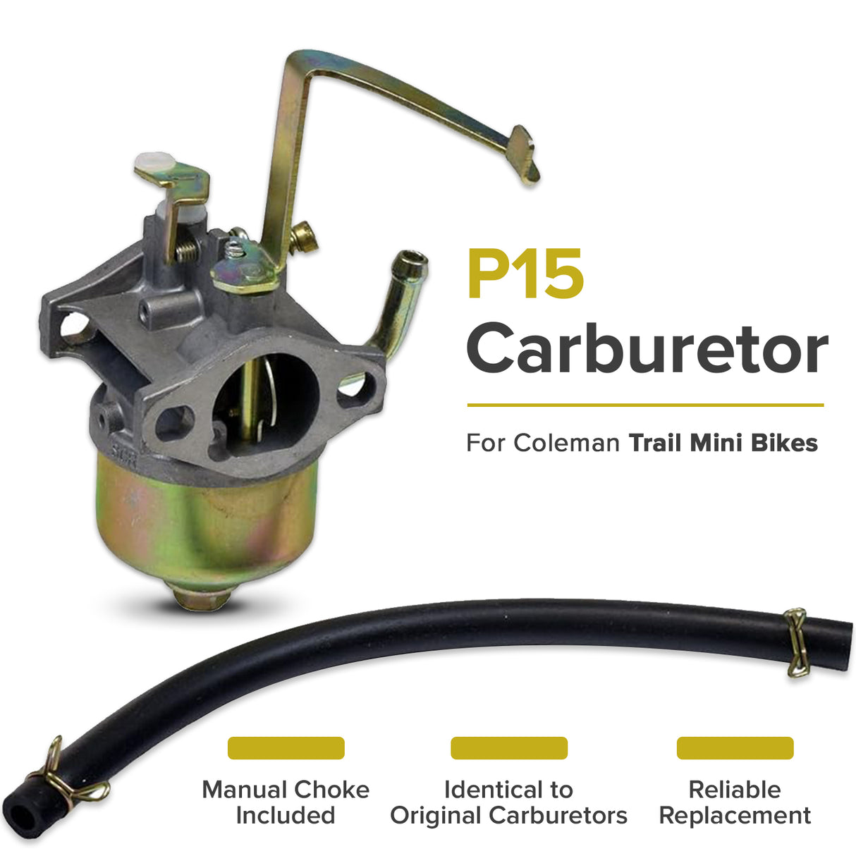 P15 Carburetor for the Massimo MM-MB100 Mini Bike, featuring a visible hose and manual choke, with an optional high-performance air filter and velocity stack for enhanced engine performance.