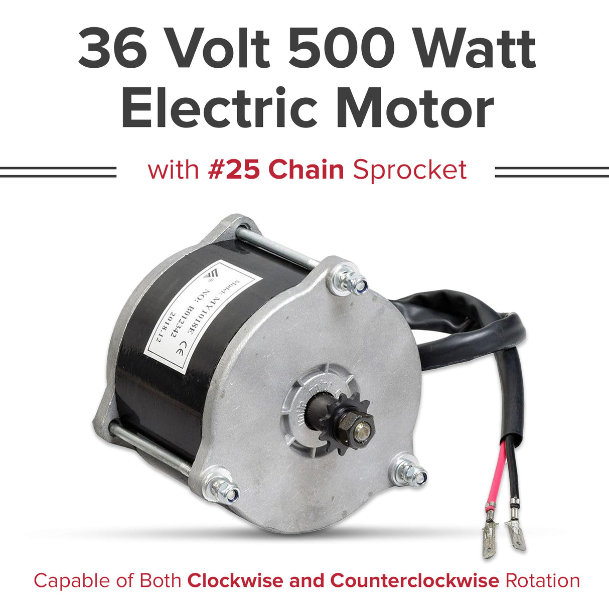 36 Volt 500 Watt Electric Motor with #25 Chain Sprocket for the Razor EcoSmart Metro, showcasing wires, gear, and label close-ups. Designed for efficient rotation in both directions.