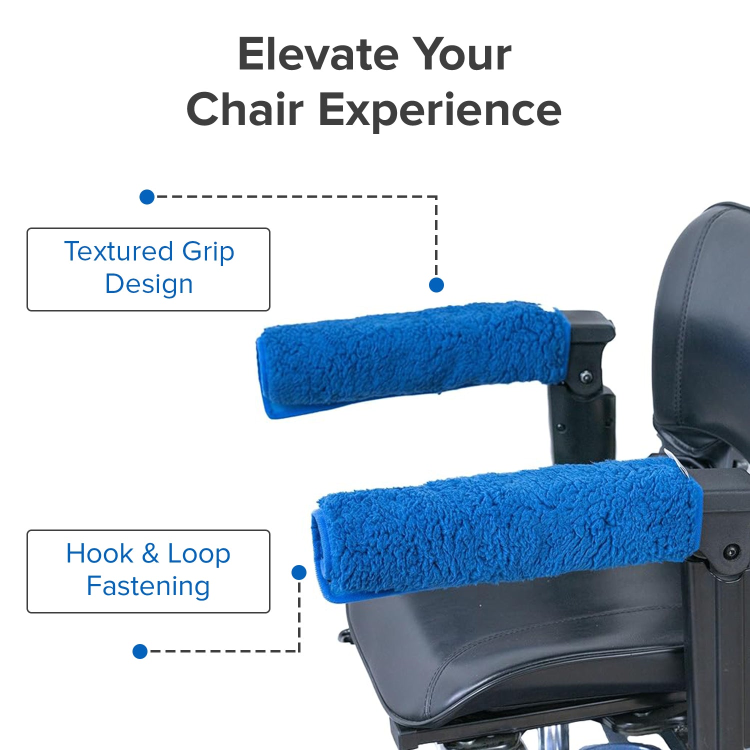 Fleece Armrest Covers for Wheelchairs, Power Chairs, & Scooters (Set of 2) shown on a chair with a blue towel draped over it, highlighting plush cushioning and secure hook & loop strips.