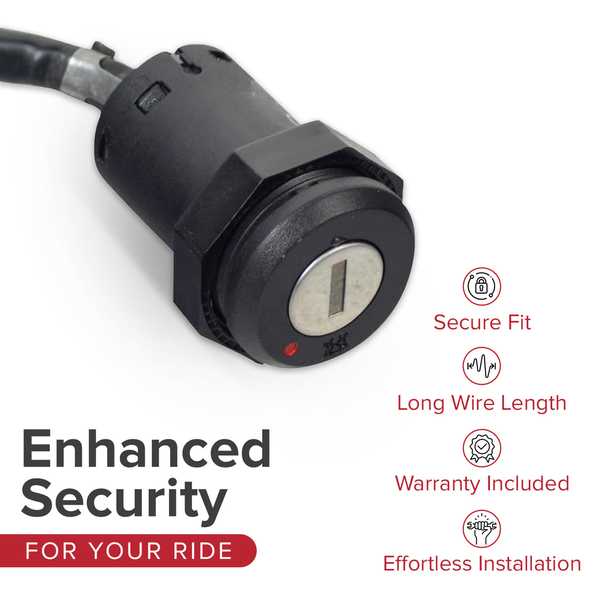 Key Switch for Coleman AT125-EX, At125-UT, AT200-B, & TaoTao Raptor 200 ATVs, showcasing a close-up of the black cylinder with a keyhole and a set of two keys.