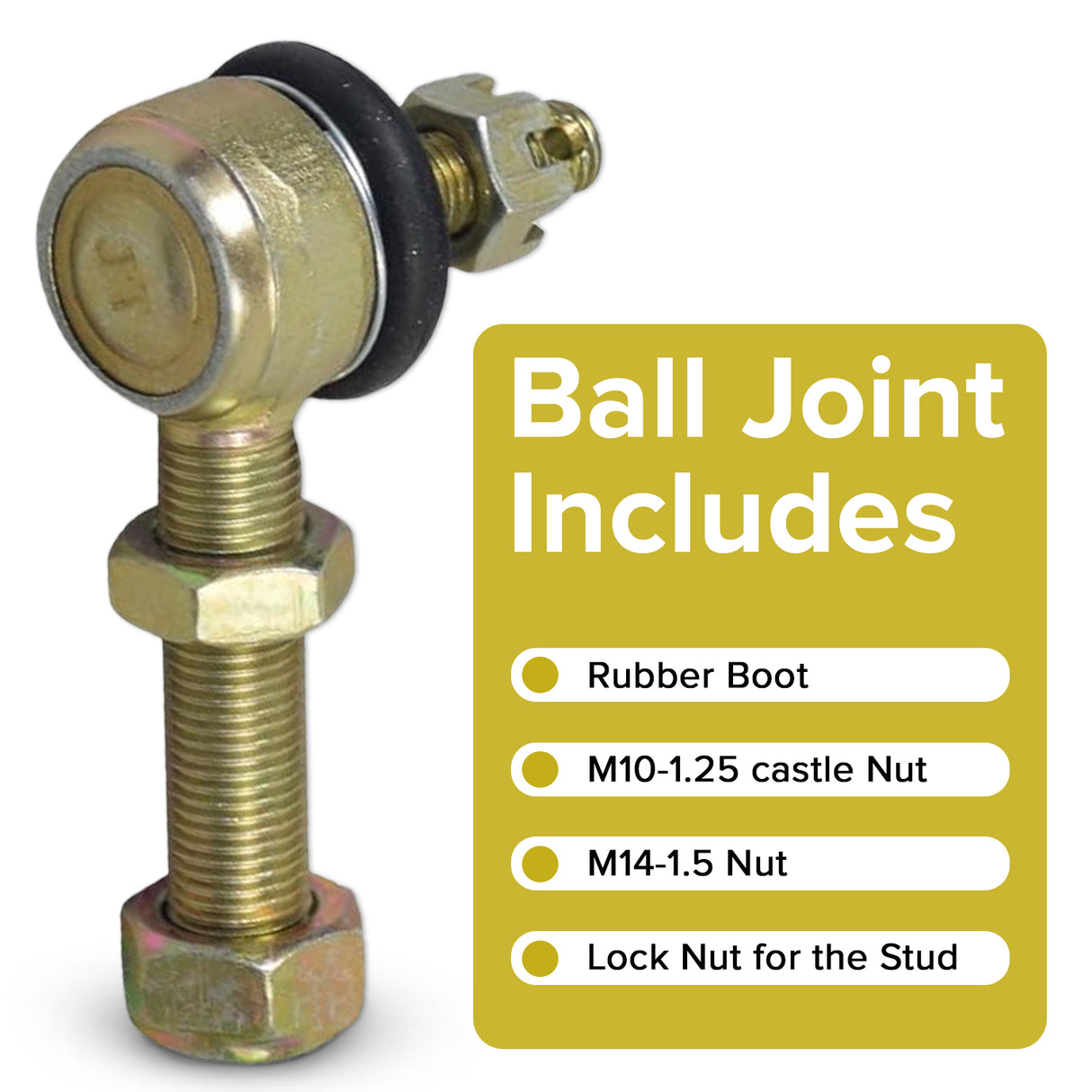 Steering Ball Joint for Coleman AT125-EX & AT125-UT ATVs, featuring a metal joint with a rubber boot, castle nut, and lock nuts.