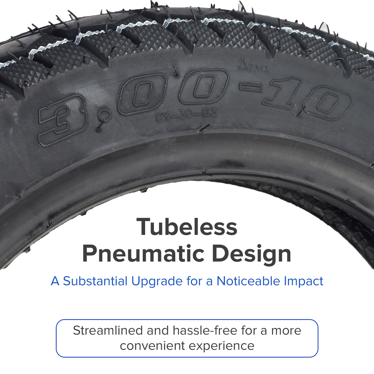 3.00-10 Tubeless Pneumatic Tire with Street Tread for Recreational Style Mobility Scooters, featuring prominent spikes and visible text, ideal for enhancing the visual appeal of modern scooters.