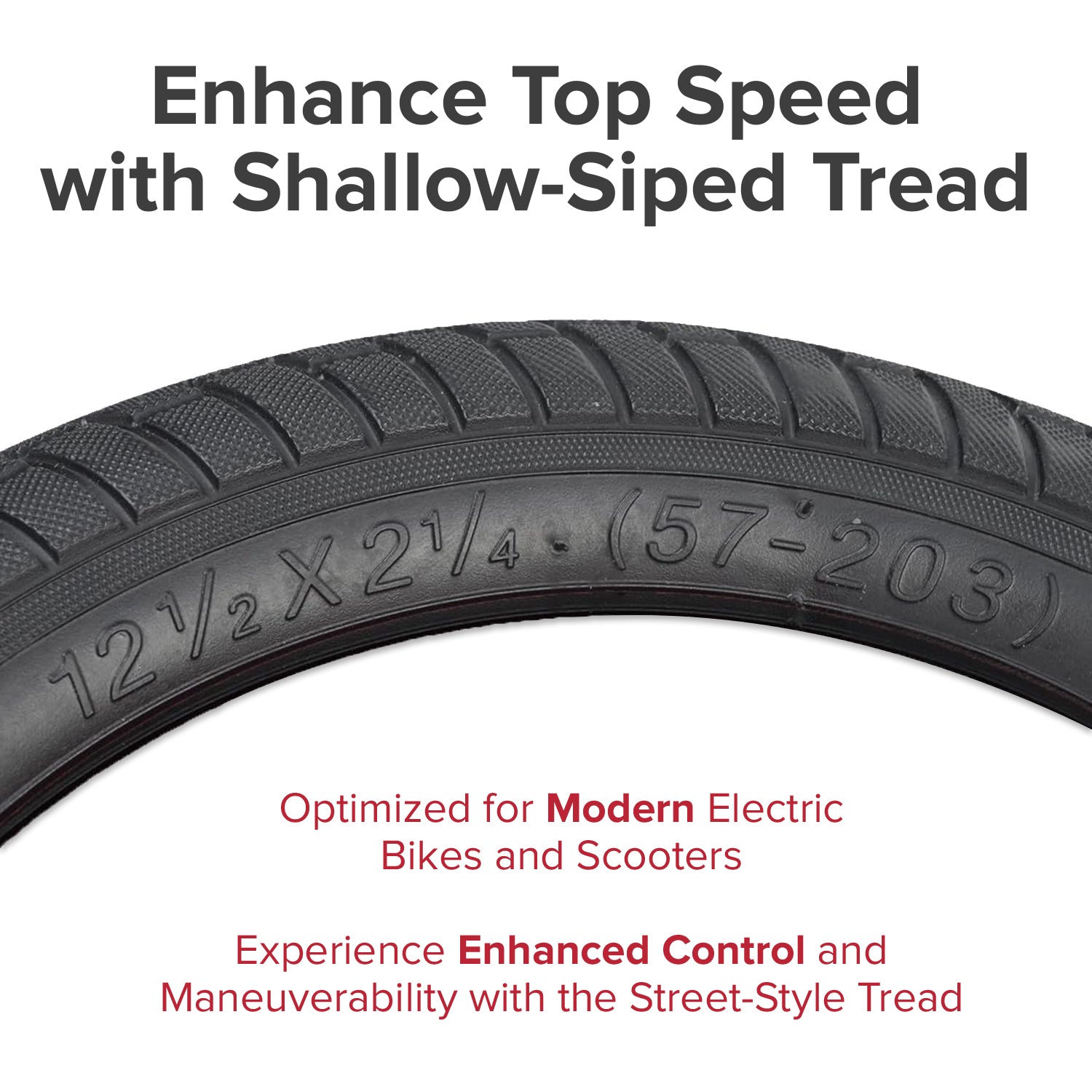 12-1/2x2-1/4 Tire with Street Tread for Electric Bikes & Scooters, featuring pebble-grain shallow-siped tread by Wanda, designed for city streets, enhancing speed and maneuverability.