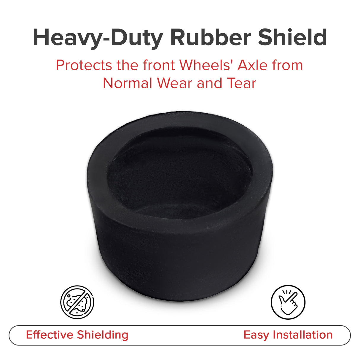 Front Axle Wheel Dust Cover for Coleman KT196, CK100, & SK100 Go-Karts. Heavy-duty black rubber shield designed to protect front wheel axles from dirt, dust, moisture, and corrosion.