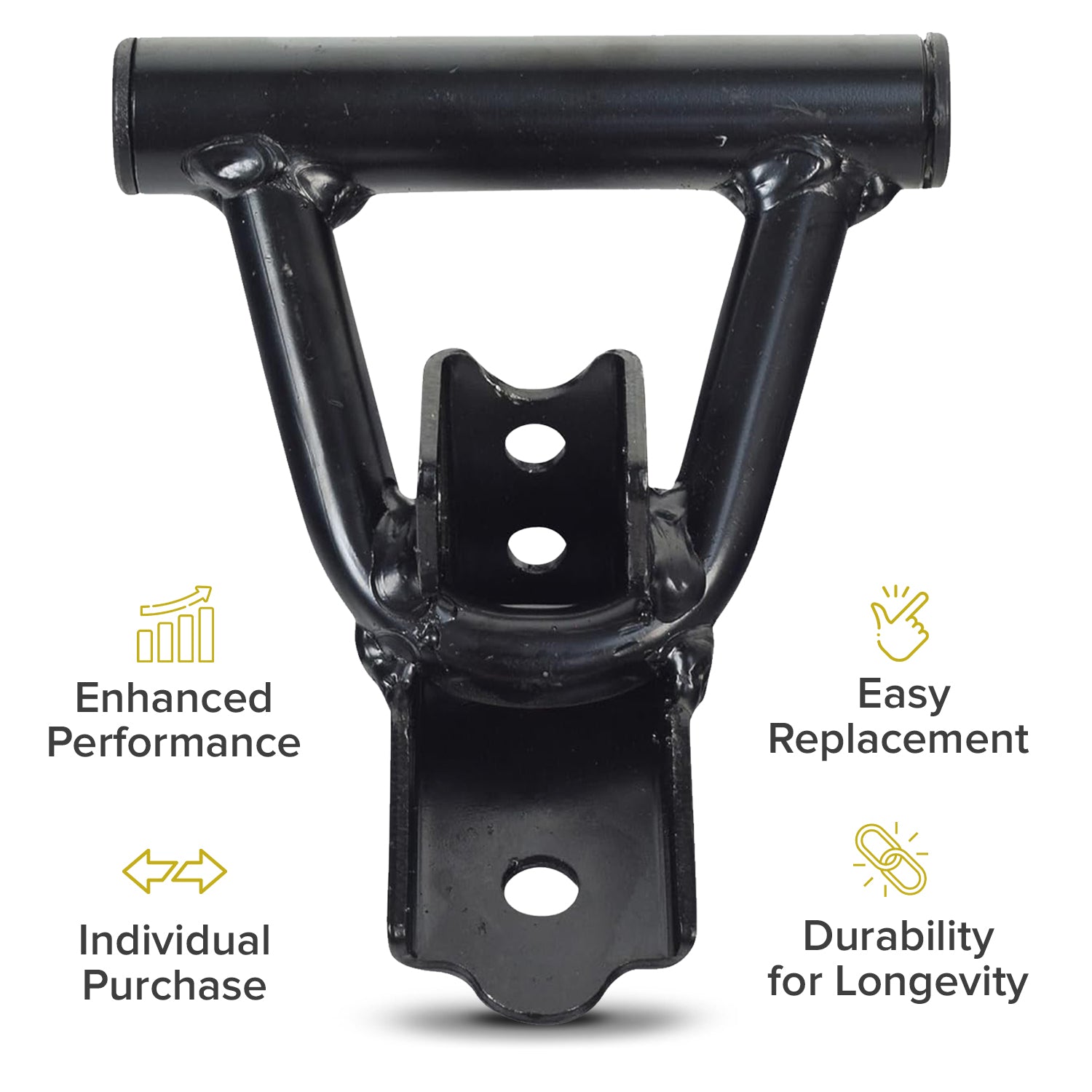 Front Lower Swing Arm for the Coleman KT196 196cc 6.5 Hp Go-Kart; a black metal object with visible holes and brackets, suitable for both left and right sides of the go-kart.