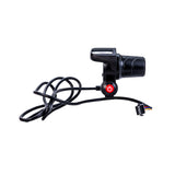 36 Volt Twist Grip Throttle with Battery Indicator & On/Off Switch for the Swagtron EB5 Electric Bike, featuring a black handlebar attachment with a red button, close-up of the button, and visible wiring.