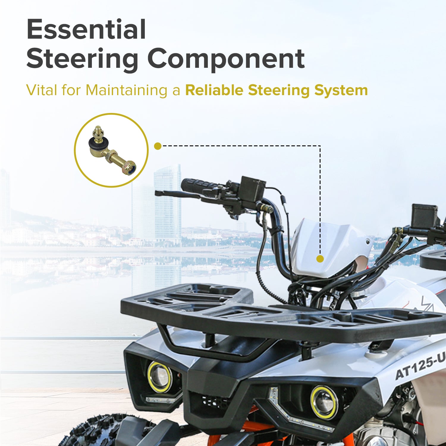 Steering Ball Joint for Coleman AT125-EX & AT125-UT ATVs, showing close-ups of the metal ball joint with threaded studs, rubber boot, and various nuts.