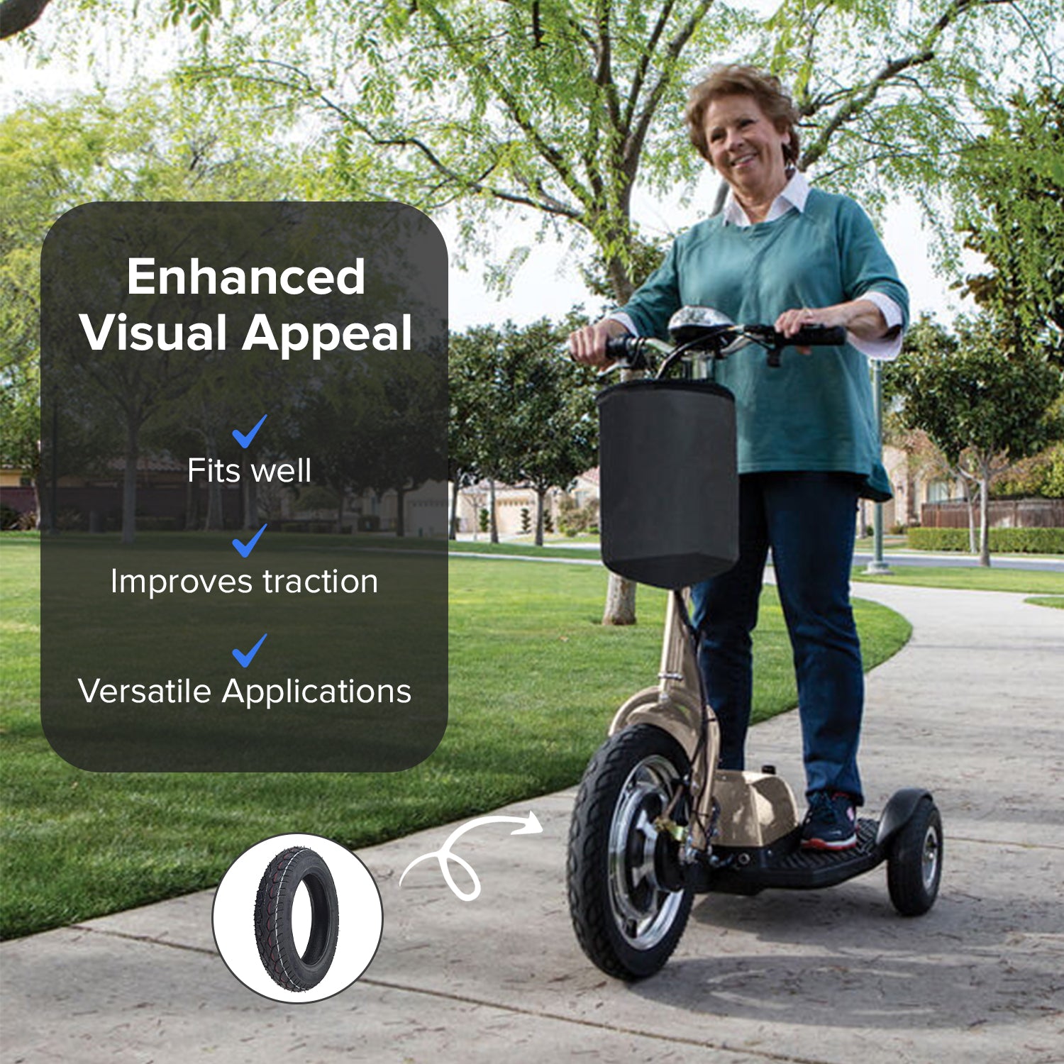 Woman riding a scooter equipped with 3.00-10 Tubeless Pneumatic Tire with Street Tread for Recreational Style Mobility Scooters, showcasing the tire's design and functionality on the road.