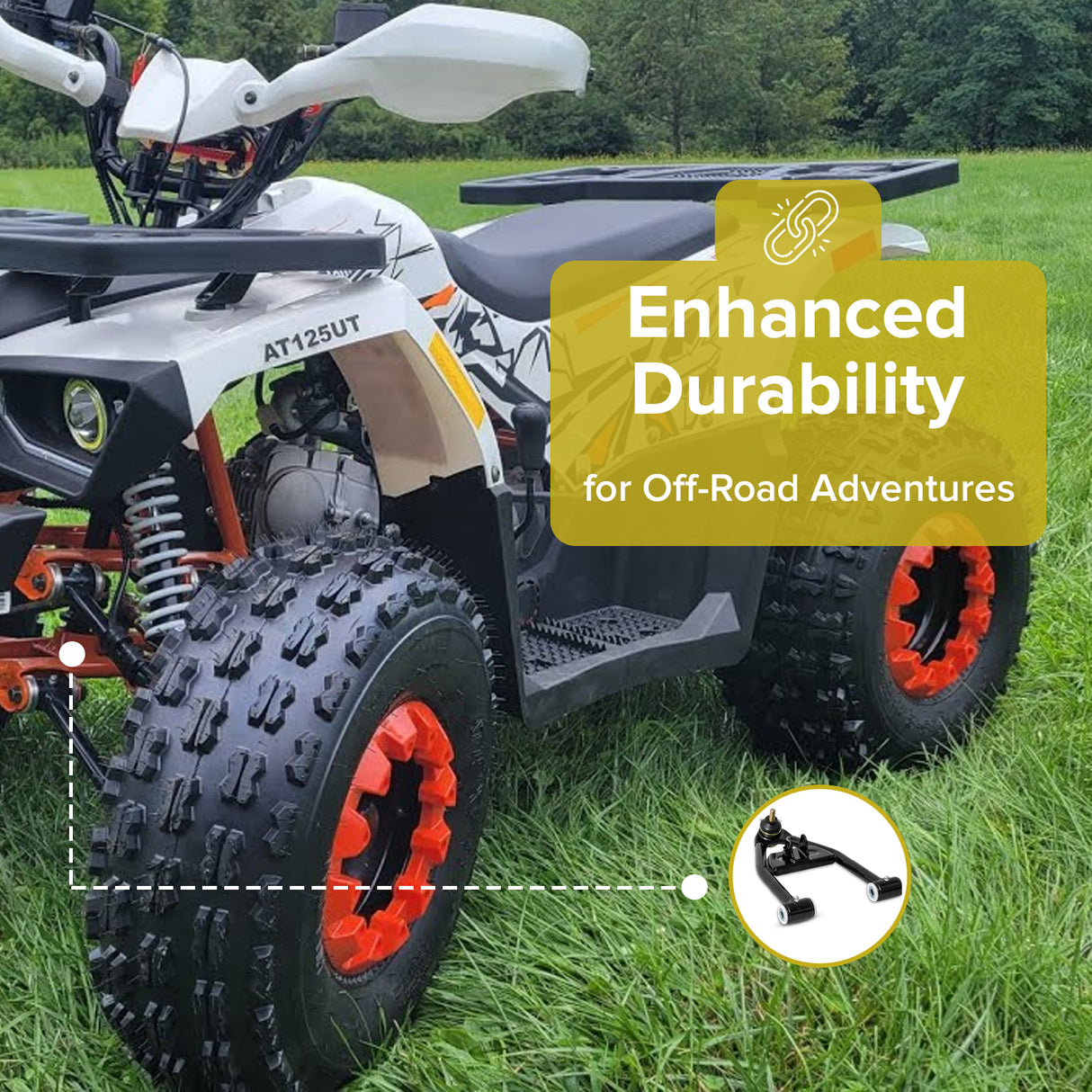 Lower A-Arm for Coleman AT125-EX & AT125-UT ATVs, displayed on a white and black ATV with black tires on grass, showcasing the essential steering and suspension components.