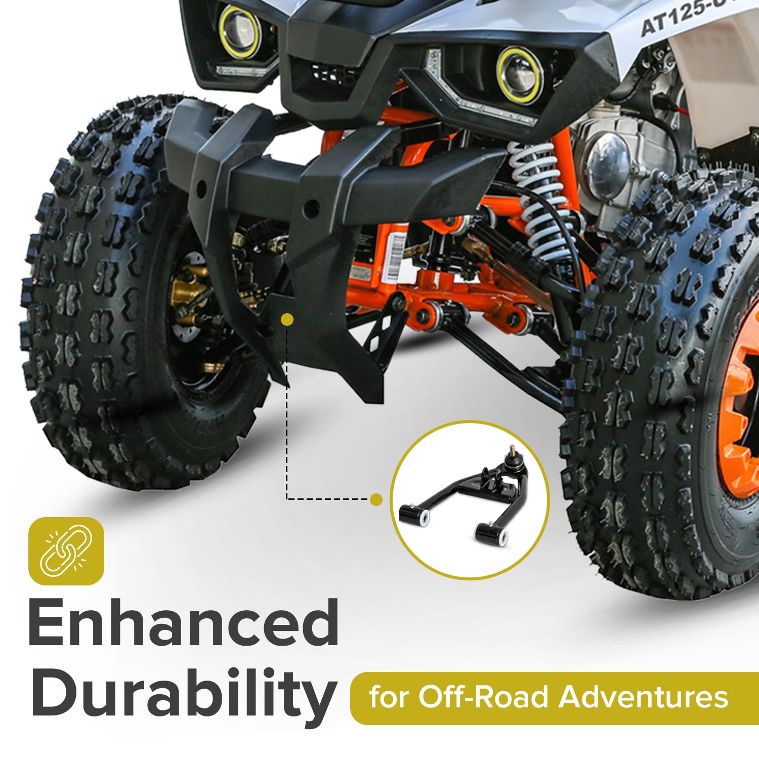 Lower A-Arm for Coleman AT125-EX & AT125-UT ATVs, featuring a close-up view of the black steel component with visible pre-installed bushings, spacers, and grease fittings, essential for steering and suspension.