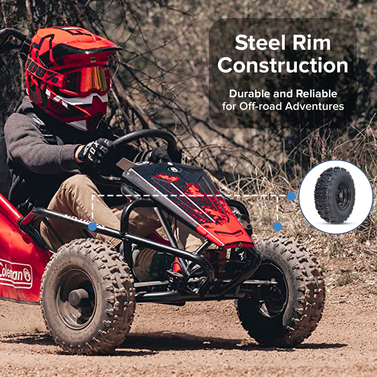 13x5.00-6 Front Tire and Rim Wheel Assembly for Coleman CK100 & SK100 Go-Karts, featuring a sturdy steel rim and integrated bearings, seen mounted on a go-kart driven by a person wearing a red and black helmet.