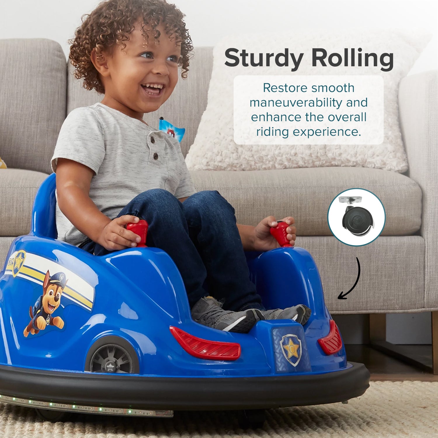 Front Caster Wheel for Razor Bumper Buggie displayed alongside a child sitting in a toy car, highlighting the wheel's placement as a key component of the children's electric ride-on vehicle.