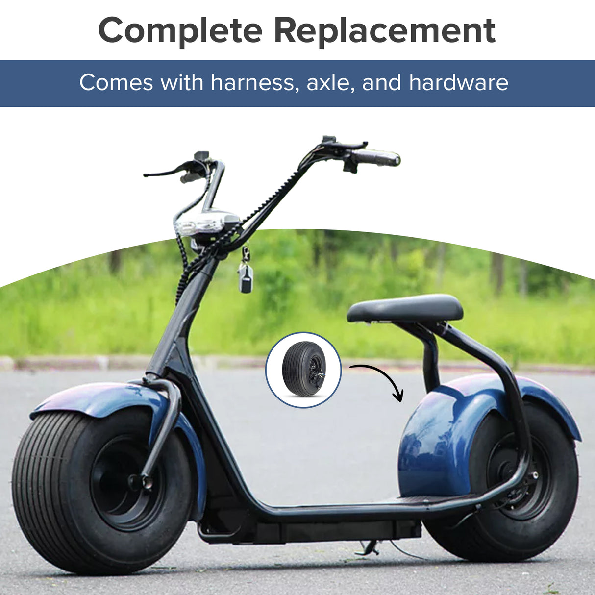 60 Volt 1500 Watt Hub Motor & 18x9.50-8 Wheel Assembly for Fat Tire Scooters, featuring a pre-assembled tire, hub motor, axle, and wiring cables.