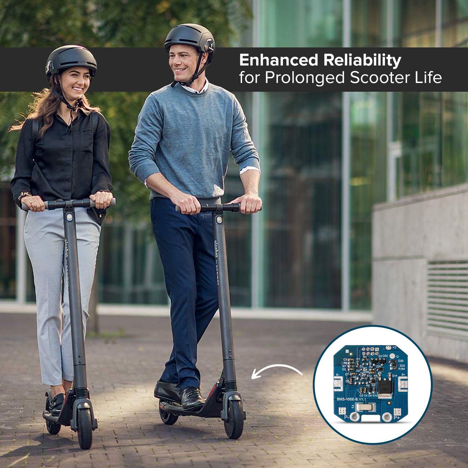 Battery Main BMS Board for Ninebot by Segway ES2 & ES4 Electric Scooters shown with a man and woman riding scooters in the background, highlighting the product's application in electric scooters.