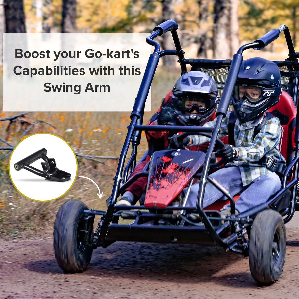 Front Lower Swing Arm for the Coleman KT196 196cc 6.5 Hp Go-Kart shown attached to the vehicle, highlighting its sturdy black metal construction and precise fit for both left and right sides.