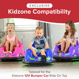 Round Red Illuminated On/Off Switch for the Kidzone 12V Bumper Car Ride On Toy, shown glowing red, with a circular design and 3-pin terminal, set against a playful background of children in bumper cars.