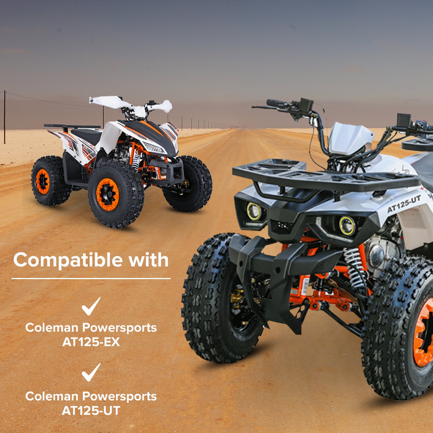 Lower A-Arm for Coleman AT125-EX & AT125-UT ATVs shown on a dirt road, highlighting the essential steering and suspension component with pre-installed bushings, spacers, and grease fittings.