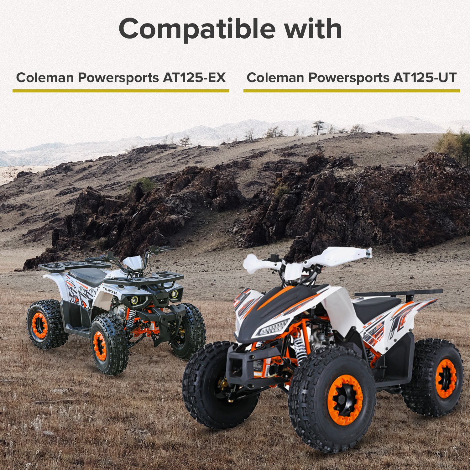 Lower A-Arm for Coleman AT125-EX & AT125-UT ATVs displayed in a field, showcasing durable black enameled steel construction, pre-installed bushings, spacers, and grease fittings.