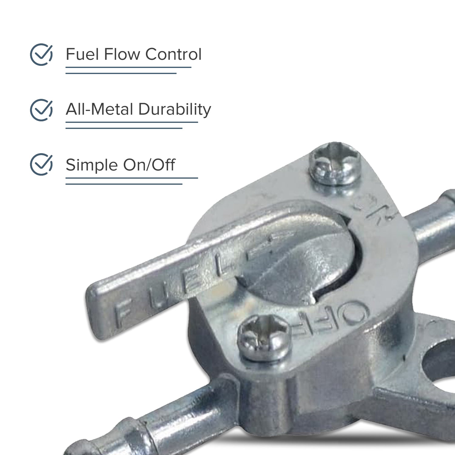 Close-up of a Fuel Shut-Off Petcock for Coleman AT125-EX, AT125-UT, AT200-B, and TaoTao Raptor 200 ATVs, showcasing the all-metal lever mechanism and ball valve for 3/16 fuel hoses.