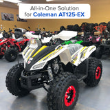 Muffler & Pipe Assembly for the Coleman AT125-EX ATV displayed among other ATVs in a store, showcasing its matt black finish and natural metal spark arrestor.