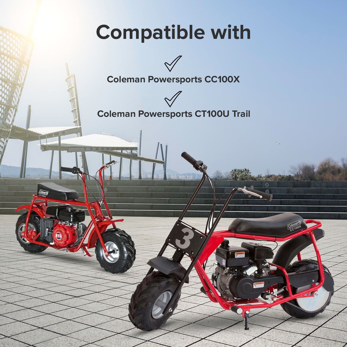 P15 Carburetor for the Massimo MM-MB100 Mini Bike displayed alongside two red mini bikes on a tile surface, highlighting the product's application in enhancing engine performance.