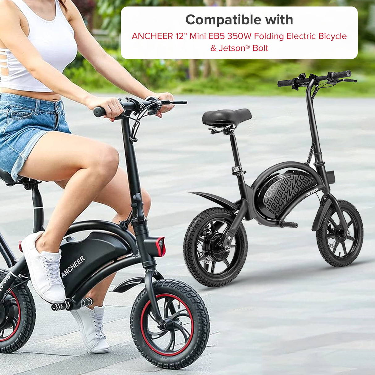 12-1/2x2-1/4 Pneumatic Tire for the Jetson® Bolt Folding Electric Bicycle, shown close-up on a black bike being ridden by a woman, highlighting its pebble-grained street tread pattern and smooth design.