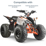 Carburetor for Coleman AT125-EX & AT125-UT ATVs, showcasing close-up views of orange ATV wheels and detailed tire treads, emphasizing the product's role in enhancing engine performance for off-road vehicles.