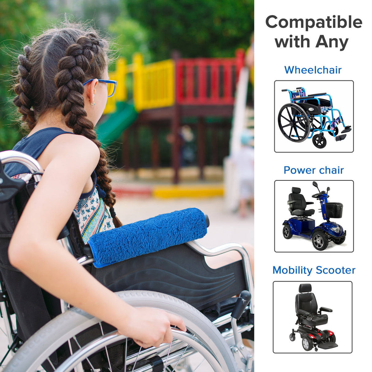 Fleece Armrest Covers for Wheelchairs, Power Chairs, & Scooters (Set of 2) shown on a blue wheelchair, providing soft, cushioned support for arms and elbows.