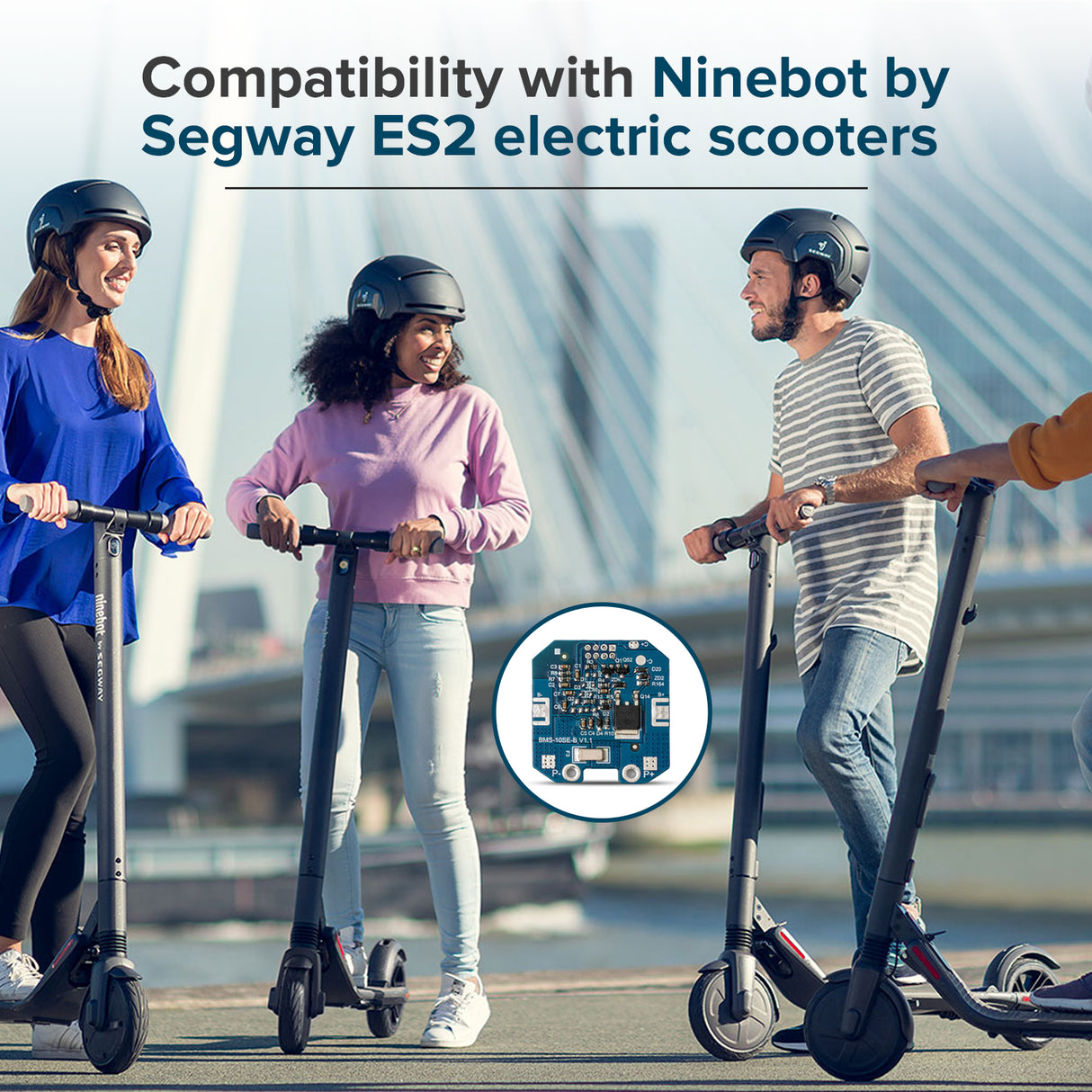 Battery Main BMS Board for Ninebot by Segway ES2 & ES4 Electric Scooters, shown in a group setting with people riding and holding scooters, emphasizing its role in battery management.