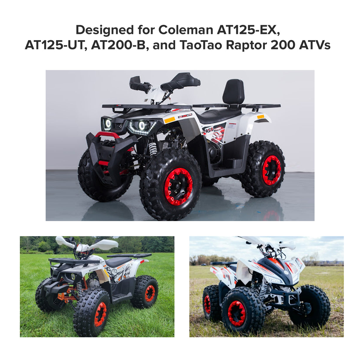 Fuel Shut-Off Petcock for Coleman AT125-EX, AT125-UT, AT200-B, and TaoTao Raptor 200 ATVs, shown in a collage with close-ups of ATV tires and parts in an outdoor setting.