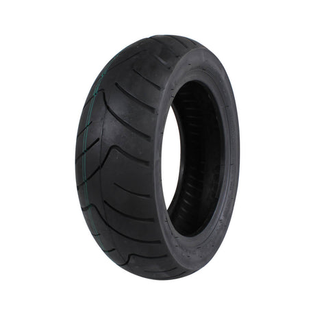 Vee Rubber 120/70-10 Street Scooter Tire with VRM 217 Tread, showcasing a close-up of the tire's detailed tread pattern and black rubber composition, designed for versatile road conditions and everyday use.