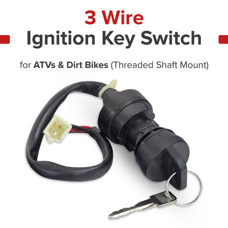 3 Wire Ignition Key Switch for ATVs & Dirt Bikes (Threaded Shaft Mount)