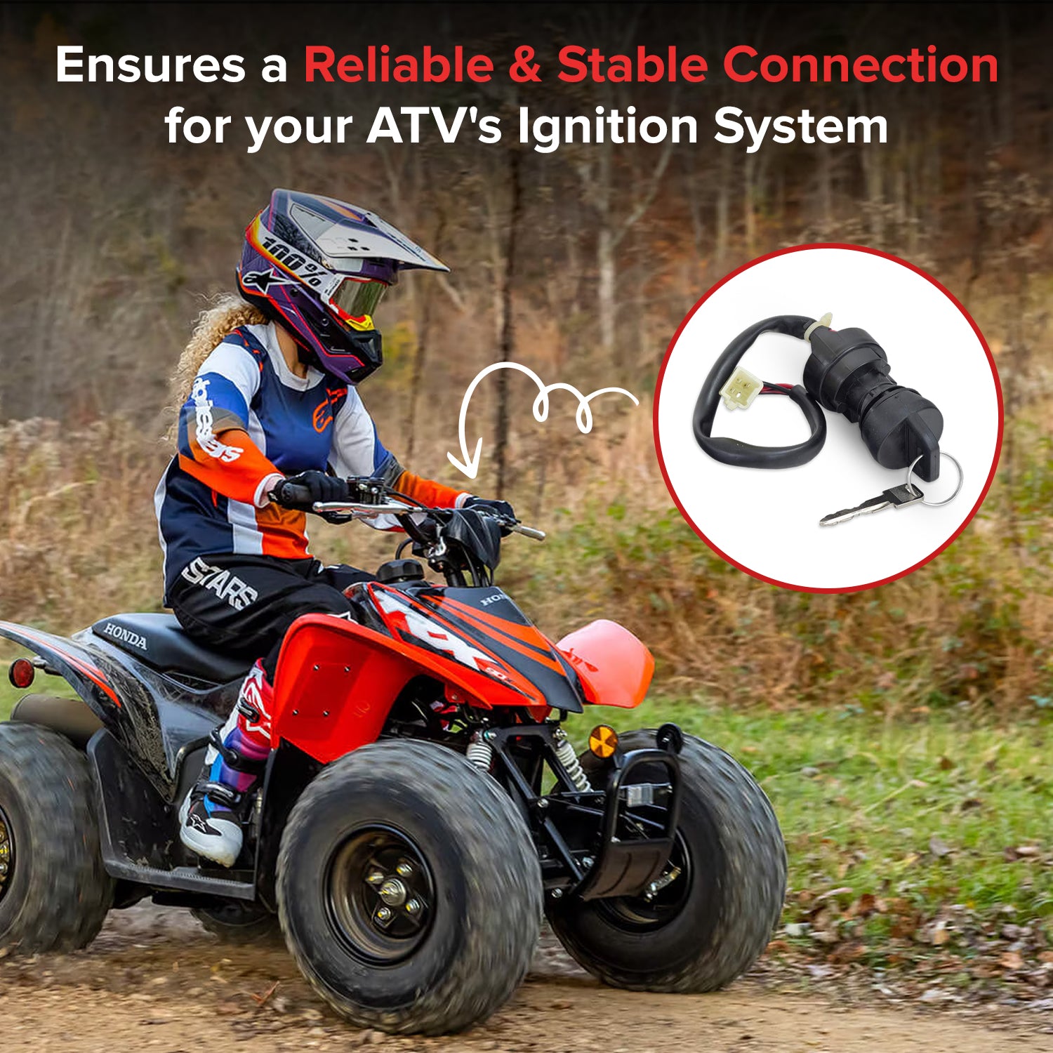 3 Wire Ignition Key Switch for ATVs & Dirt Bikes (Threaded Shaft Mount)