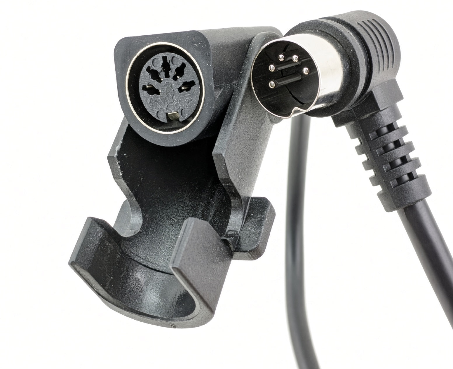 Black electrical adapter cable with a multi-pin circular plug and a right-angle connector on a white background.