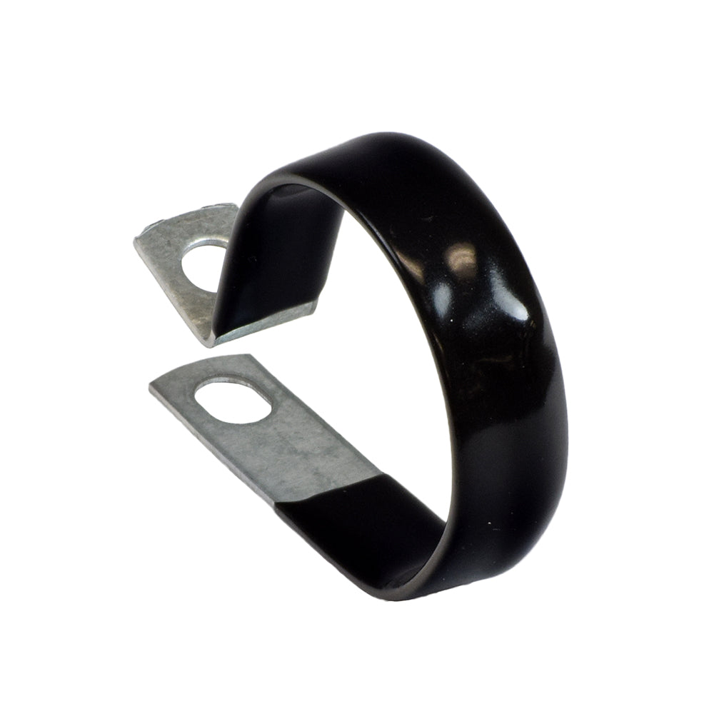 Vinyl Coated Loop Clamp, a black and silver metal band, designed for securely organizing wiring or adding accessories to mobility scooters and power chairs, ensuring a slip-free, scratch-free anchoring.