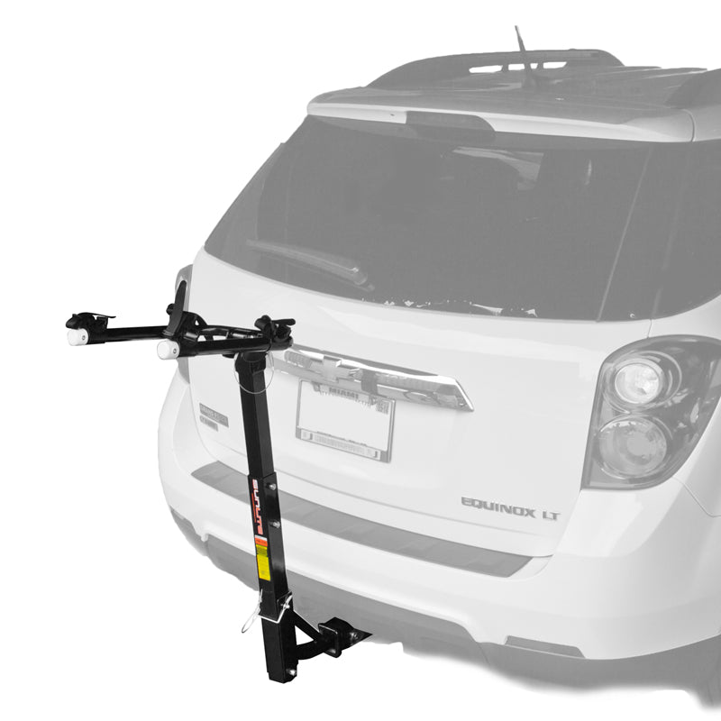 1.25-2 Hitch Car Rack mounted on a white car, showing a secure bicycle attached, highlighting the rack's practical design for transporting bikes and scooters.