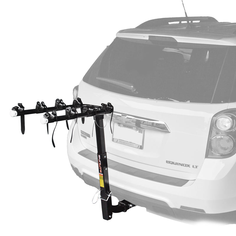 1.25-2 Hitch Car Rack attached to the back of a white car, showcasing its secure fit and practicality for transporting bicycles or scooters.