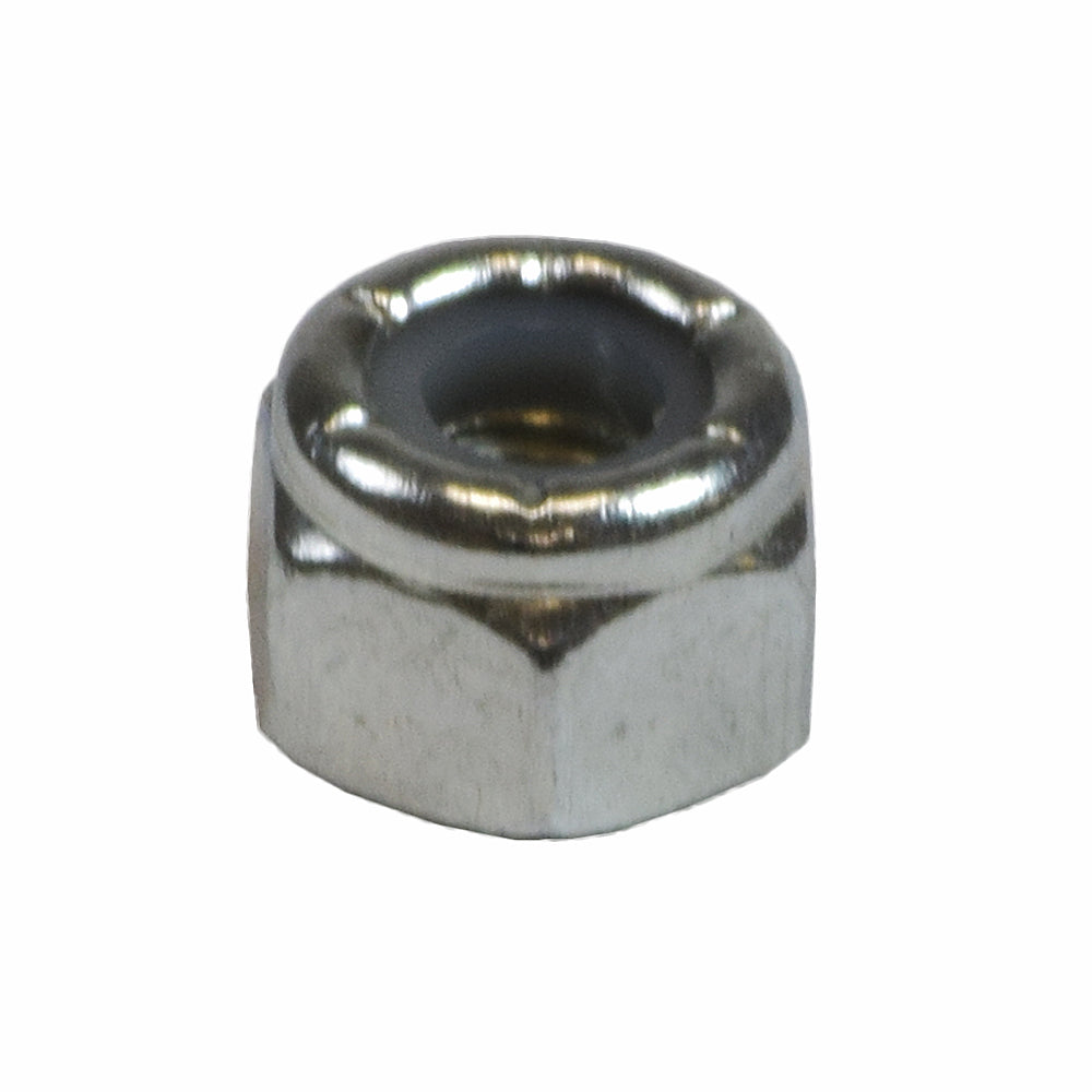 Close-up of a 1/4-20 Zinc-Plated Lock Nut with a nylon insert, designed for secure fastening on scooters and power chairs.