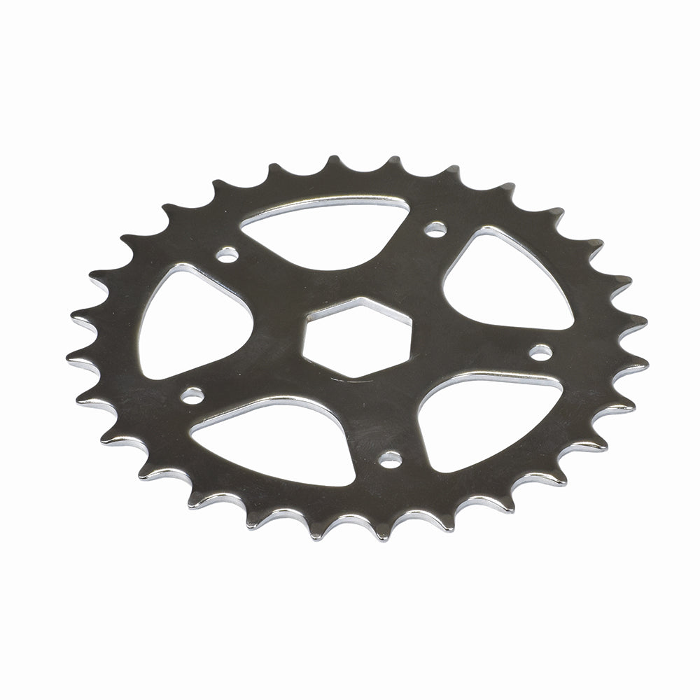 Close-up of a 1/2 Single Chain Sprocket, showcasing its intricate metal teeth, designed for bikes and scooters.