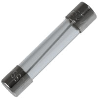 1 Amp GMA Glass Fuse close-up, showing the cylindrical glass body and metal caps, ideal for AC or DC circuits, 3/16 x 3/4 size, rated at 250 Volts.