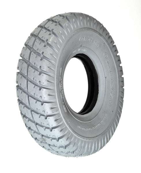 Close-up of a 10x3 (3.00-4, 260x85) Gray Pneumatic Mobility Tire with Aqua Tread, showcasing detailed tread and rubber texture, designed for Pride Victory 10 and other mobility scooters.