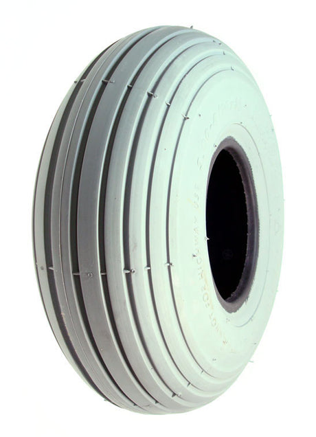 10x3 (3.00-4, 260X85) Pneumatic Mobility Tire with IA-2802 Ribbed Tread, featuring a white wheel with a central hole, suitable for the front of scooters and power chairs.